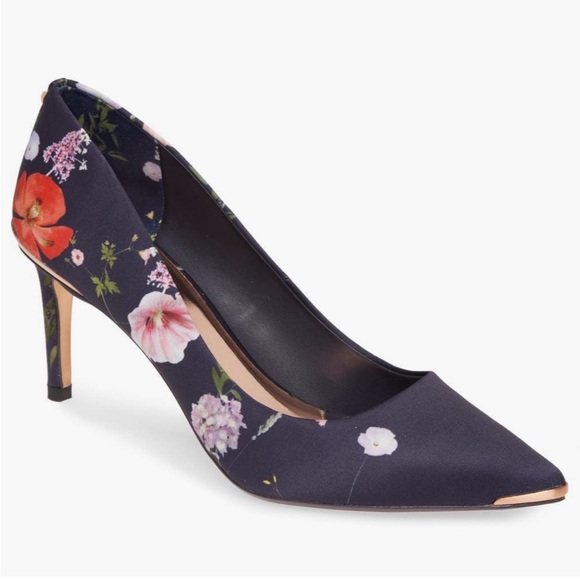 Ted Baker Wishtrip Floral Pointed-toe Satin Pumps Navy Pink Women's 39 US 8.5M - Picture 2 of 11
